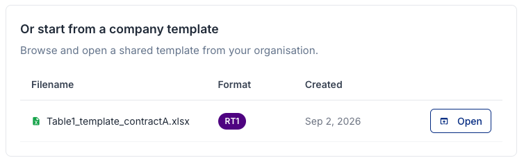 'Or start from a company template' section on the Generate ACER XML page, listing a published template with an Open button