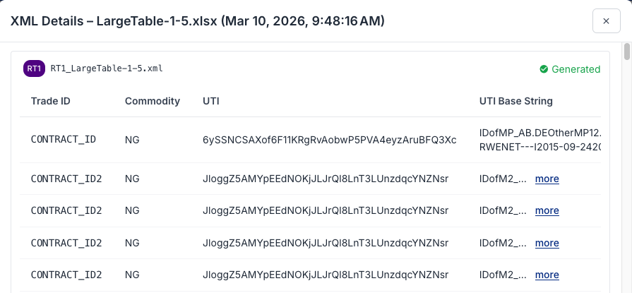 XML Details view for a processed report, listing Trade ID, Commodity, UTI, and UTI base string for each record