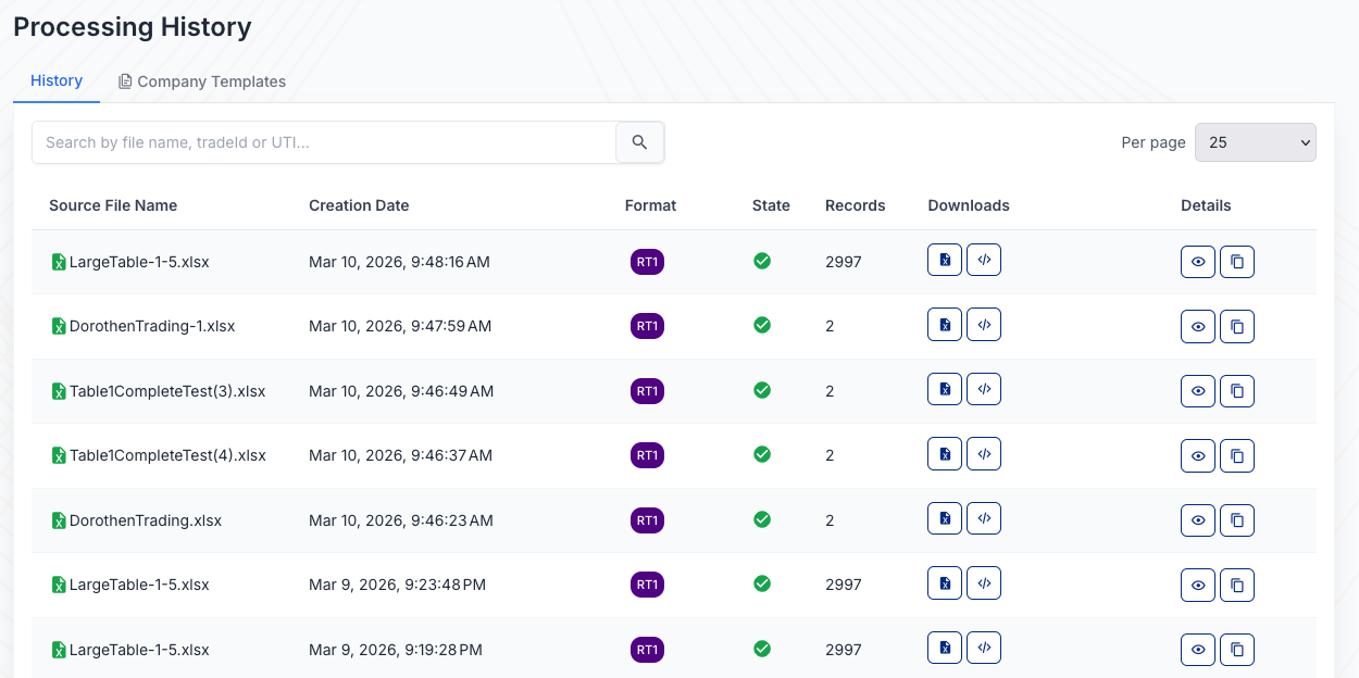 History page overview, showing the search bar and a list of processed reports with format, state, download, and detail actions