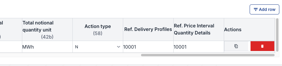 Reference fields at the end of a Standard Contracts (T1) row, with a unique ID entered for Ref. Delivery Profiles and Ref. Price Interval Quantity Details