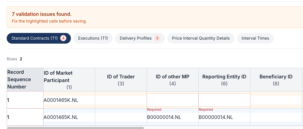 Validation issues notification in the online editor, with red error counts on the affected tabs and highlighted fields showing what needs to be corrected