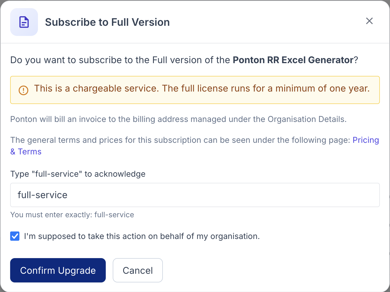 Subscribe to Full Version pop-up, with the full-service acknowledgment field, the authorization checkbox, and the Confirm Upgrade button